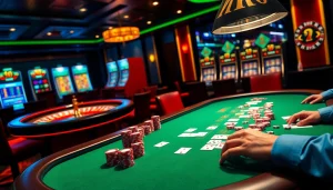 Engage with thrilling betting on MK8 casino tables, showcasing poker, roulette, and vibrant casino atmosphere.
