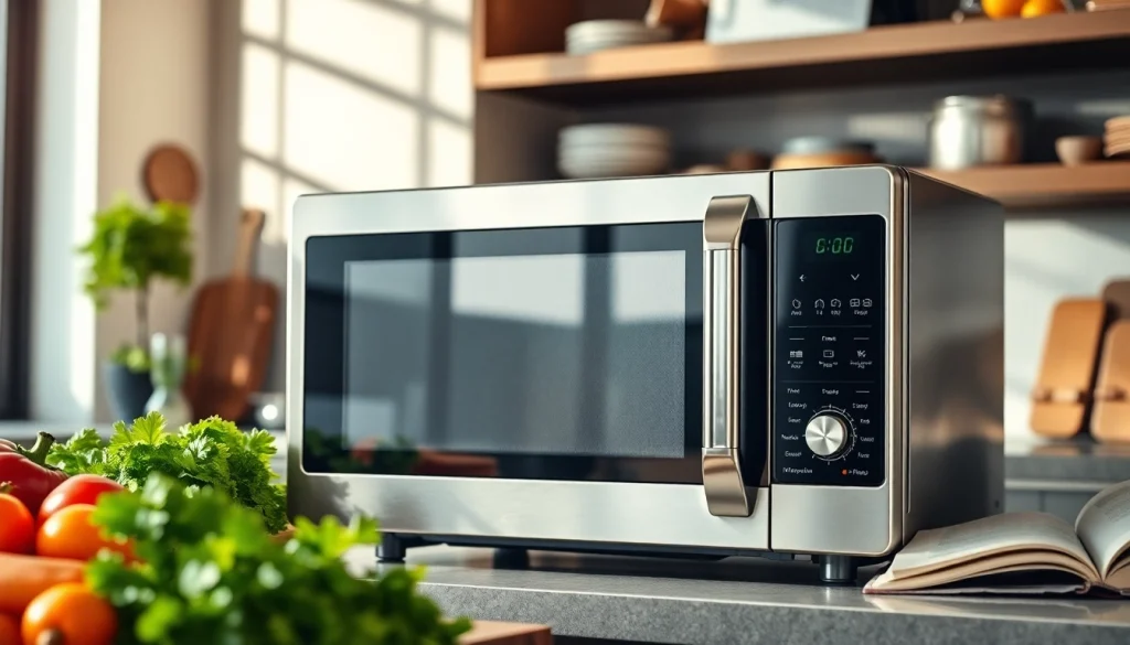 Cooking with a microwave oven in a stylish kitchen, showcasing vegetables and a cookbook.