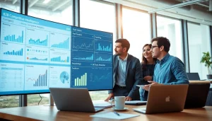 Team analyzing B2B competitive intelligence data in a modern office setting.