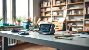 Freelock device set in a creative workspace, showcasing its functional design and stylish details.