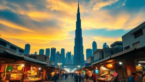 Vibrant scene showcasing things to do in Dubai with Burj Khalifa and local market life.