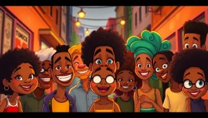 A joyful scene featuring diverse animated characters from African American Cartoons celebrating representation and creativity.